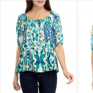 Cupio Size S Green Ikat Short Sleeve Square Neck Printed Top, NEW w/Tag